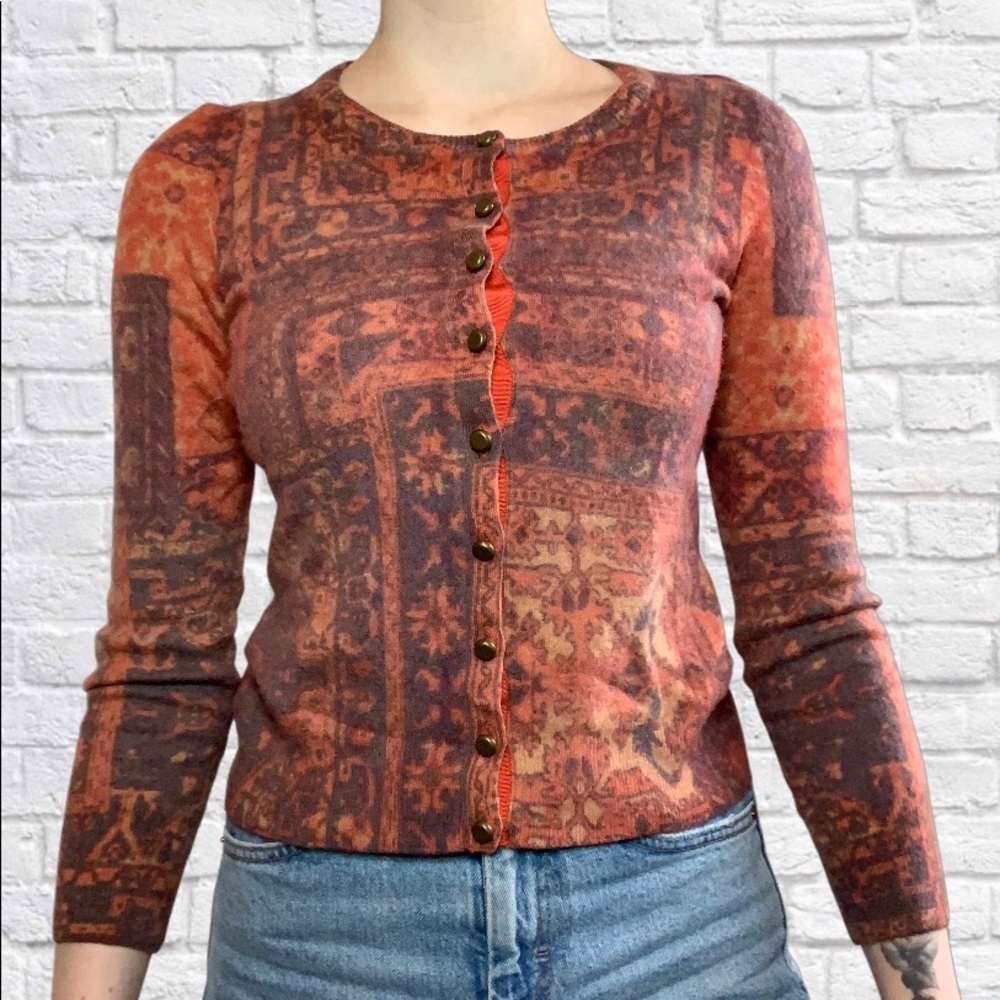 Lucky Brand rug print fuzzy cardigan S
